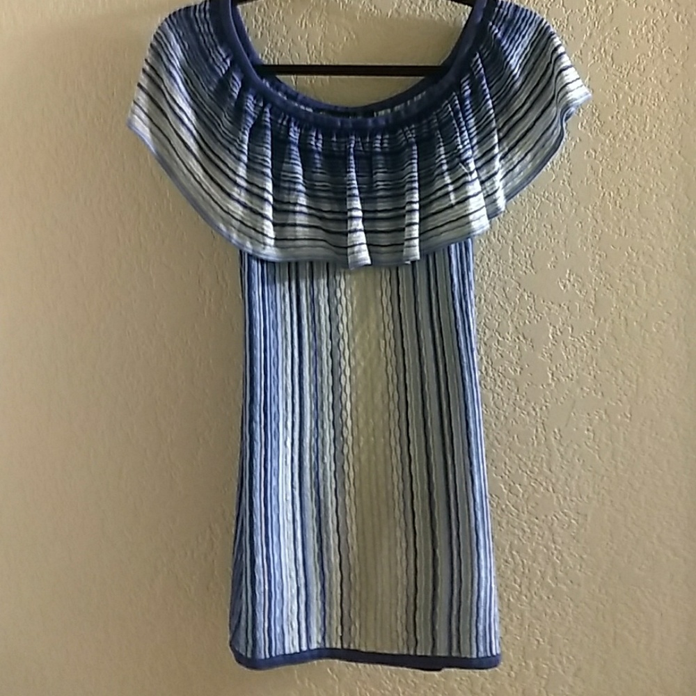 White House Black Market Blue & White Off The Shoulder Ruffle Knit Top
